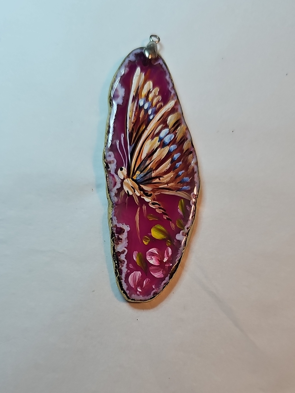 Handpainted Butterfly Agate Pendant in Magenta and Gold